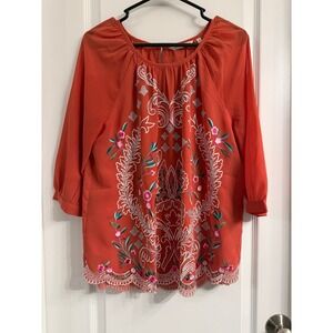 Soft Surroundings Embroidered Boho Blouse Orange‎ Floral Scalloped Hem Medium